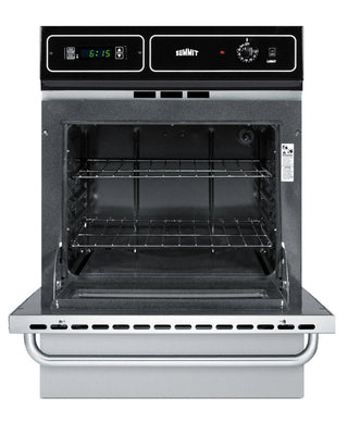 Summit TTM7212BKW gas wall oven with door open showing oven interior and racks