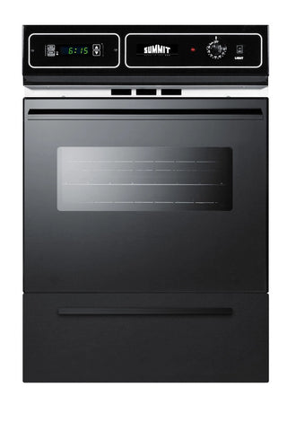 Summit TTM7212KW 24" black porcelain single gas wall oven with digital clock and timer, front view
