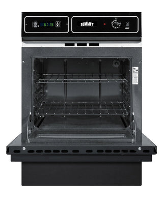 Summit TTM7212KW black gas wall oven with door open showing oven interior and racks