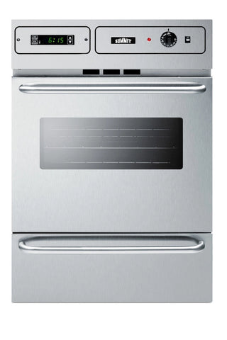 Summit TTM7882BKW 24" stainless steel single gas wall oven with clock and control knob, front view