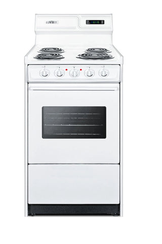 Summit WEM130KW 20" Electric Coil Top Range with Deluxe Backguard, Clock-Timer and Window in White