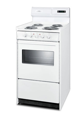 Summit WEM130KW 20" Electric Coil Top Range with Deluxe Backguard, Clock-Timer and Window in White