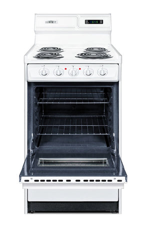Summit WEM130KW 20" Electric Coil Top Range with Deluxe Backguard, Clock-Timer and Window in White