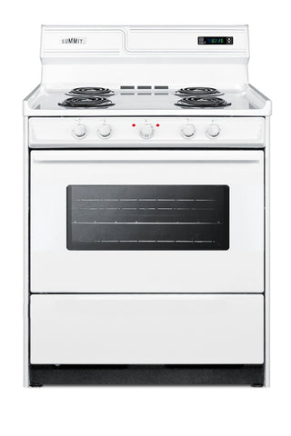 Summit WEM230KW 30" Electric Coil Top Range with Deluxe Backguard, Clock-Timer and Window in White