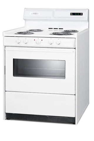 Summit WEM230KW 30" Electric Coil Top Range with Deluxe Backguard, Clock-Timer and Window in White