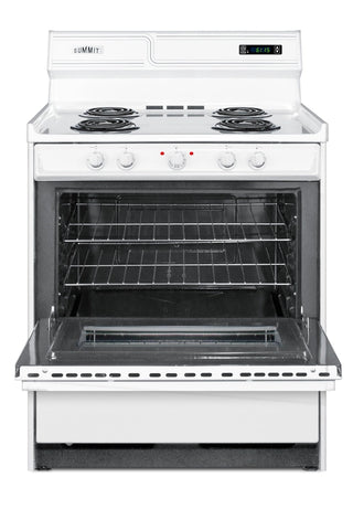Summit WEM230KW 30" Electric Coil Top Range with Deluxe Backguard, Clock-Timer and Window in White