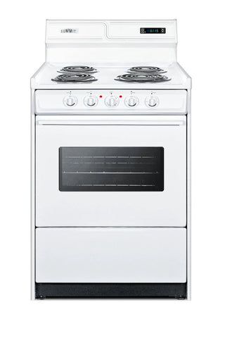 Summit WEM630KW 24" Wide Electric Coil Top Range with Deluxe Backguard, Clock Timer and Window 