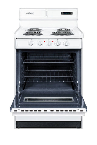 Summit WEM630KW 24" Wide Electric Coil Top Range with Deluxe Backguard, Clock Timer and Window 