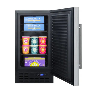 Summit Appliance 18 Built-In All-Freezer full view stainless steel door on white background