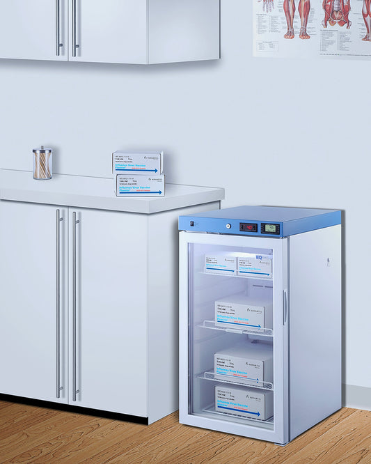 Summit ACR32G vaccine refrigerator labeled vaccine compartments in clinical setting