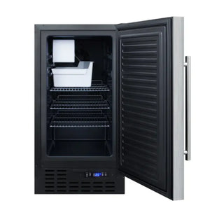 Summit BIM18SSADA 18-inch ADA-compliant built-in no-drain icemaker open door showing interior on a white background
