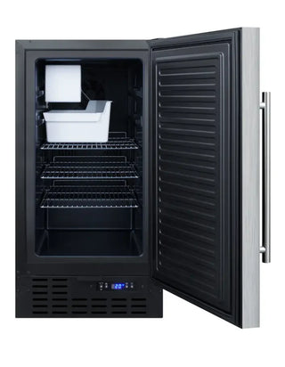 Summit BIM18SS 18-inch built-in frost-free no-drain icemaker open door showing interior on a white background
