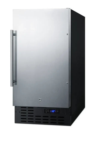 Summit BIM18SS 18-inch built-in frost-free no-drain icemaker stainless steel angle view on a white background