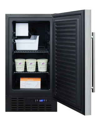 Summit BIM18SS 18-inch built-in frost-free no-drain icemaker stainless steel full view on a white background
