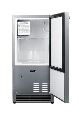 Summit BIM26H32 15-inch drain-free ADA icemaker open door showing interior shelves on a white background