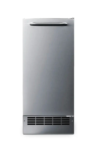 Summit BIM26H34 15-inch drain-free ADA icemaker stainless steel front panel on a white background