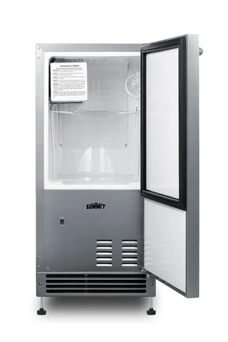 Summit BIM26H34 15-inch drain-free ADA icemaker open door showing ice storage bin on a white background