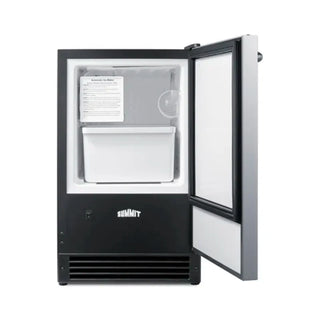 Summit BIM26 15-inch built-in no-drain icemaker open door showing interior on a white background