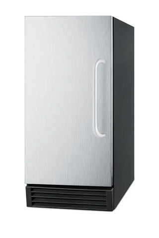 Summit BIM44GADA 15-inch ADA-compliant built-in clear icemaker front view with ice bin on a white background