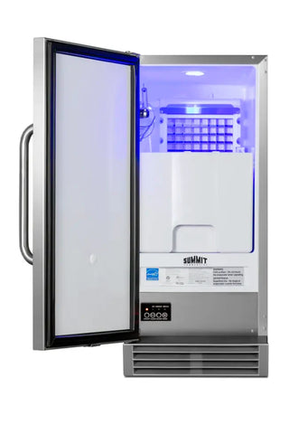 Summit BIM44GCSSADA 15-inch ADA-compliant built-in clear icemaker open shelving interior on a white background