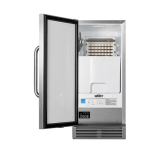 Summit BIM44GCSS Built-In 50 lb Clear Icemaker open door showing ice storage bin interior