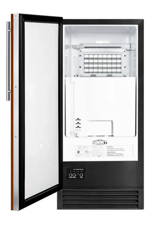 Summit BIM44GIF 15-inch built-in clear icemaker open door showing interior shelving on a white background
