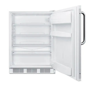 Summit FF6W7BZADA ADA compliant commercial refrigerator open door showing interior shelves
