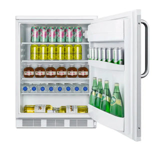 Summit FF6W7BZ undercounter commercial refrigerator fully stocked with beverages and products