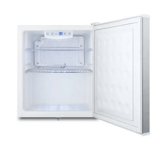 Summit FFAR25L7CSS compact stainless steel medical refrigerator open door interior shelves