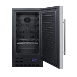 Summit 18 inch Built-In All-Freezer stainless steel open door showing interior shelves