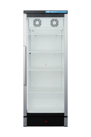 Summit Appliance 24 inch Wide Beverage Center front view with glass door on white background
