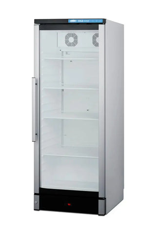 Summit Appliance 24 inch Wide Beverage Center angled view showing glass door on white background