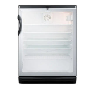 Summit Appliance 24 inch Wide Beverage Center front view with glass door on white background
