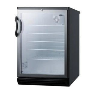 Summit Appliance 24 inch Wide Beverage Center angled view with glass door on white background