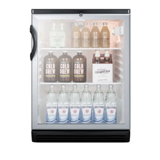 Summit Appliance 24 inch Wide Beverage Center full view with glass door on white background