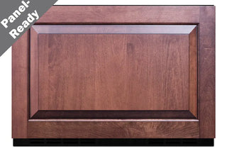 Front view of the Summit SDR241OS outdoor refrigerator drawer featuring a custom wood cabinet panel, panel-ready design, integrated ventilation grille, and seamless built-in appearance for outdoor kitchen installations.