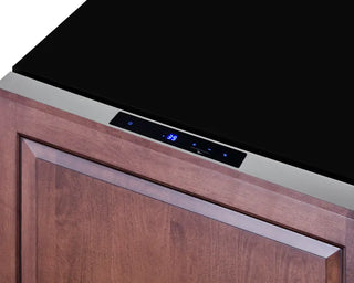 Close-up view of the Summit SDR241OS outdoor refrigerator drawer featuring a custom wood panel front and integrated digital touch control panel displaying temperature settings for precise cooling management.