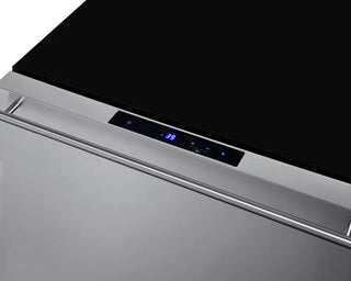 Close-up of the Summit SDR241OS stainless steel refrigerator drawer featuring an integrated digital touch control panel with illuminated temperature display and sleek tubular handle for outdoor kitchen installations.