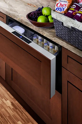Summit SDR30PNR stainless steel refrigerator drawer with shelves on a white background