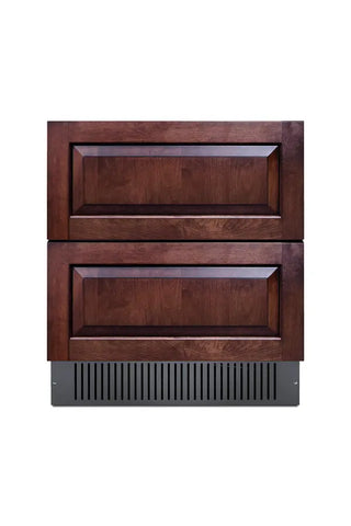 Front view of the Summit SPR3032DPNR outdoor refrigerator featuring two panel-ready storage drawers with custom wood fronts and a lower ventilation grille.