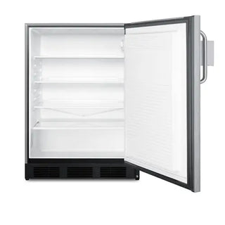 Interior view of the Summit SPR7BOSSTSR refrigerator with the door open, showing adjustable shelves and storage compartment.