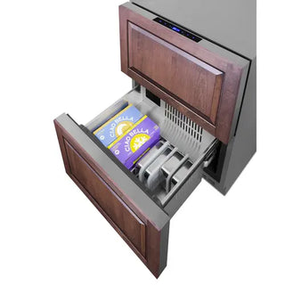Summit SPRF34D freezer drawer with custom wood panel front, shown open with an ice cream carton and divided storage compartment for frozen foods.