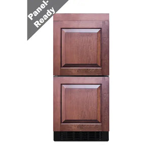 Front view of the Summit TD15SD panel-ready refrigerator drawer with custom wood cabinet panel installed.