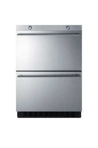 Front view of the Summit TD24 outdoor refrigerator featuring two stainless steel storage drawers and a weather-resistant built-in design.
