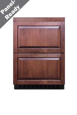 Front view of the Summit TD24 panel-ready double drawer refrigerator with custom wood cabinet panels installed.
