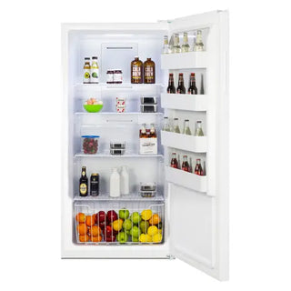 Open interior view of the Summit UF22W compact all-refrigerator featuring adjustable shelves, door storage compartments, and a bottom crisper drawer filled with fresh produce.