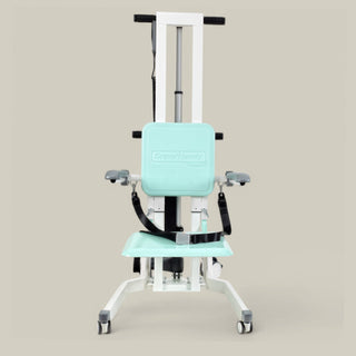Medical device with a teal seat and backrest on a beige background