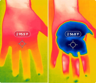 Thermal camera images of a palm before and after cooling with the Therabody CryoTherm Palm