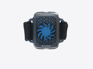 Therabody RecoveryTherm Cube shown face on with its strap frame attached