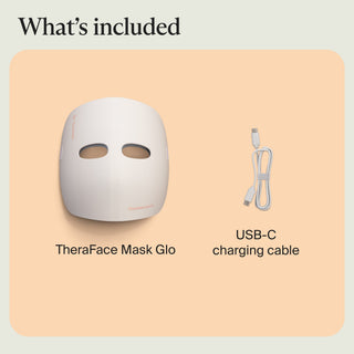 In-the-box graphic showing the Therabody TheraFace Mask Glo with its USB-C charging cable